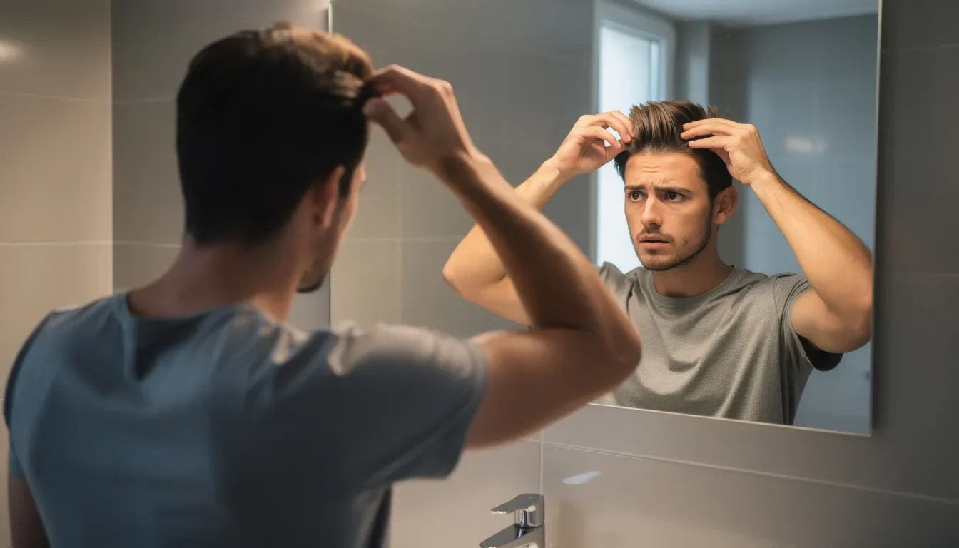 Un giovane uomo si guarda allo specchio, osservando un inizio di perdita di capelli.