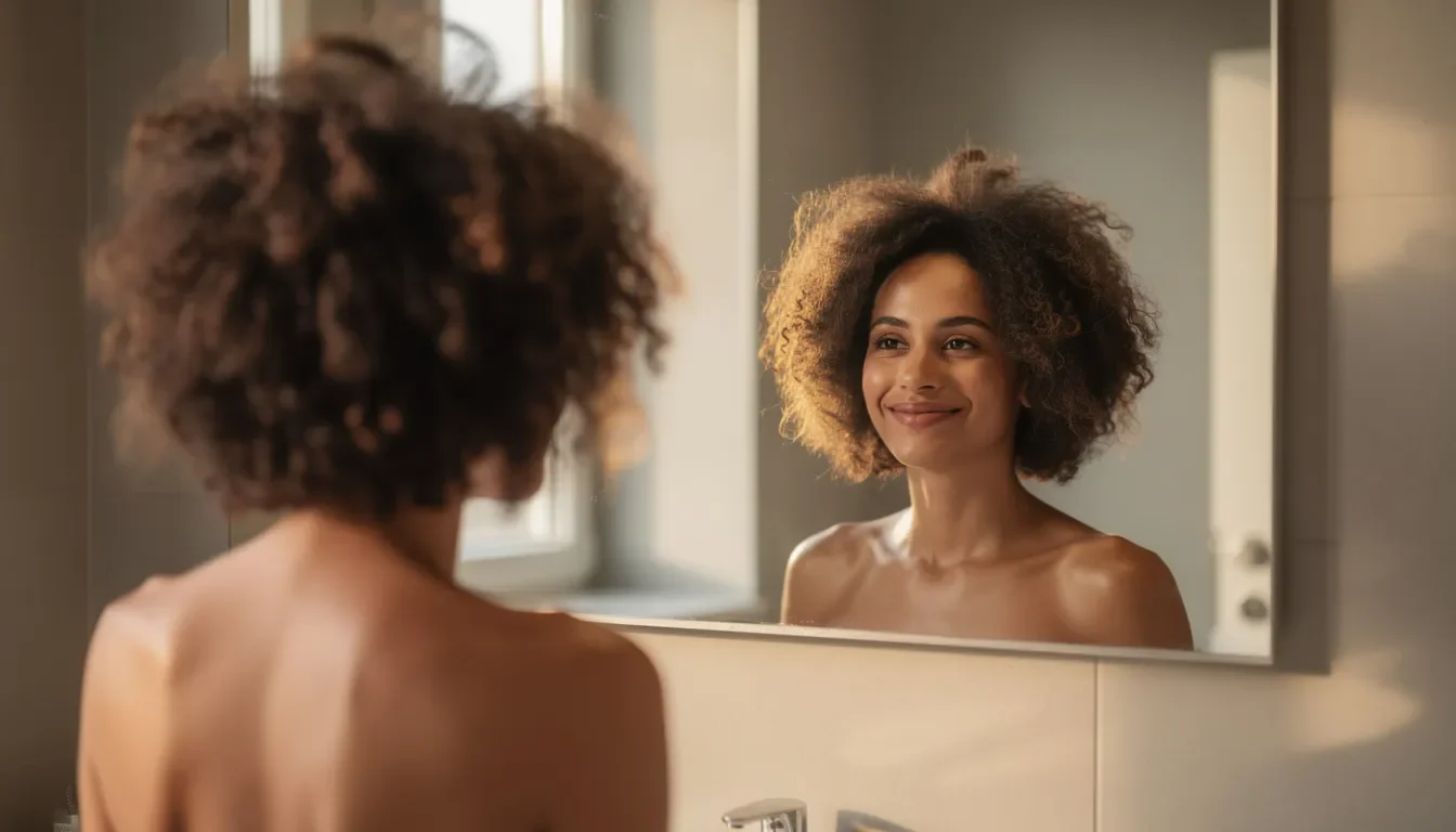 Una donna si guarda allo specchio soddisfatta, dopo l'applicazione della patch cutanea.